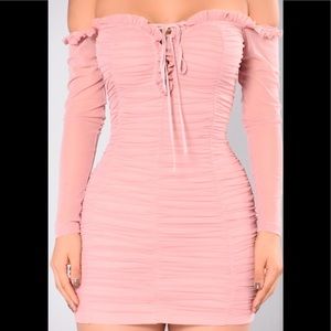 Off the shoulder, light pink dress